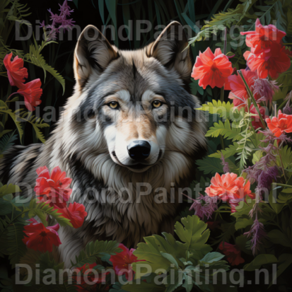 Diamond Painting Wolf tussen bloemen