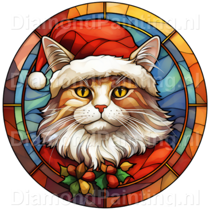 Diamond Painting Stained Glass Christmas Hat Cat 01