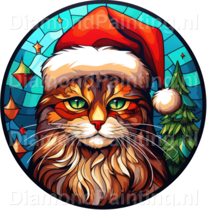 Diamond Painting Stained Glass Christmas Hat Cat 02
