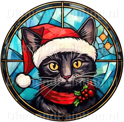 Diamond Painting Stained Glass Christmas Hat Cat 03