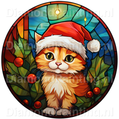 Diamond Painting Stained Glass Christmas Hat Kitten
