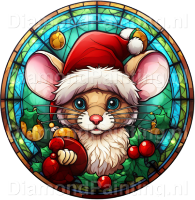 Diamond Painting Stained Glass Christmas Hat Mouse