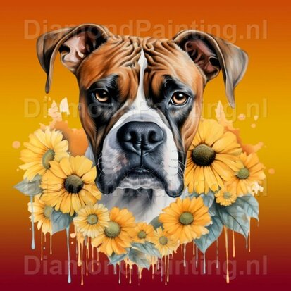 Diamond Painting Boxer mit Sonnenblumen