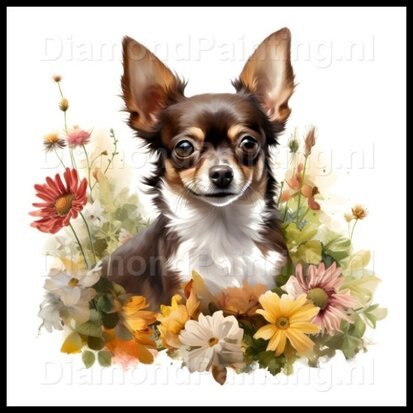 Diamond Painting Chihuahua met bloemen 02