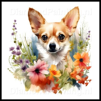 Diamond Painting Chihuahua met bloemen 04