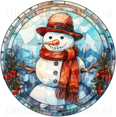 Diamond Painting Glas in lood Kerst Sneeuwpop 04
