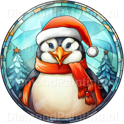 Diamond Painting Stained Glass Christmas Hat Penguin: